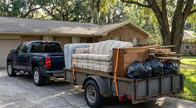 A utility trailer loaded with an old sofa, dresser and bagged debris