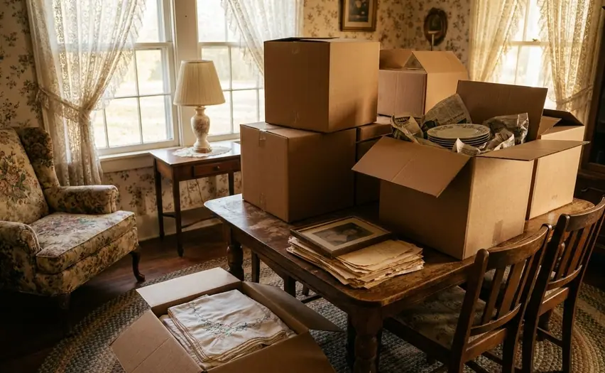 Plain cardboard boxes of wrapped dishes and folded linens on an old dining table (illustration)