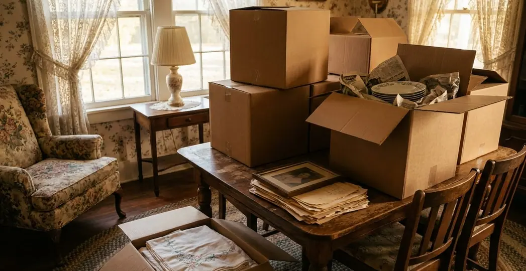 An older dining room with boxes of wrapped dishes and linens on the table. Illustration, not a Second Life job.