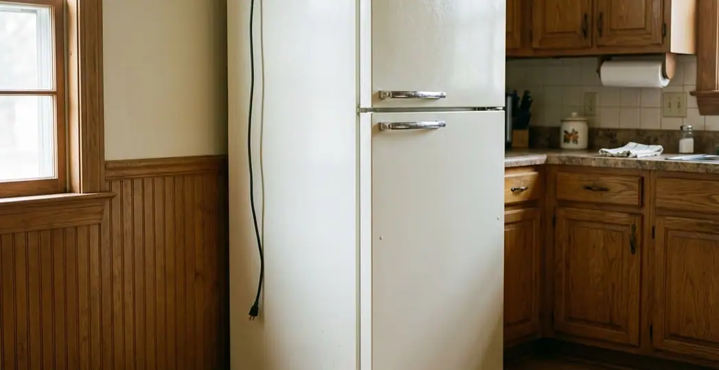An older top-freezer refrigerator pulled out from the wall in an oak-cabinet kitchen. Illustration, not a Second Life job.
