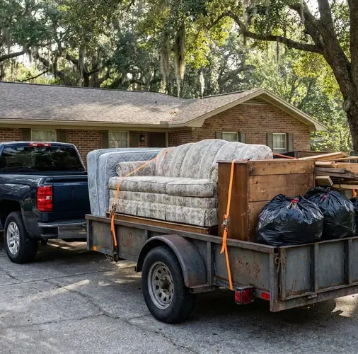 A utility trailer strapped down with an old sofa, a dresser, bagged yard debris and scrap lumber in a Louisiana driveway