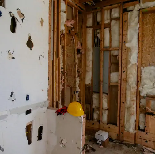 A room stripped to the studs with drywall debris on the floor